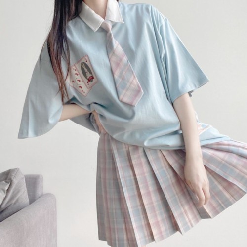 Cute Girl Short Sleeve Polo Shirt Sweet Top with Pleated Plaid Skirt
