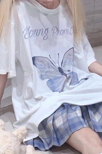 Harajuku Style Butterfly Printed Soft Girl Crew Neck Loose T-shirt Top