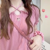 Cute Girl Heart-Shaped Crisscross Halter Neck Short Sleeve Cropped T-Shirt