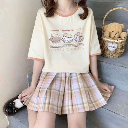 Which Flavour Do You Choose Three Kawaii Cat Sandwich Biscuits Sweet Girl Short Sleeve Loose T-shirt