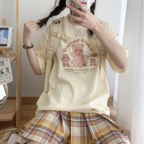 The Gingerbread Man and Little Milk Tea Bear Cook Printed Kawaii Girl Loose Summer T-shirt Top