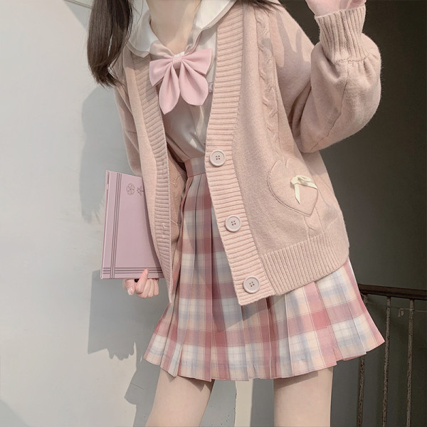 Sweet Girl Style Heart with Bowknot V Neck Soft Knitted Cardigan Sweater
