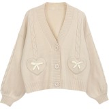 Sweet Girl Style Heart with Bowknot V Neck Soft Knitted Cardigan Sweater