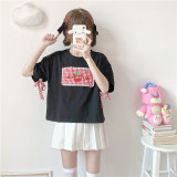 Summer Soft Girl Style Strawberry Embroidery Plaid Stitching Short-sleeved T-shirt