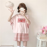 Summer Soft Girl Style Strawberry Embroidery Plaid Stitching Short-sleeved T-shirt
