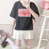 Summer Soft Girl Style Strawberry Embroidery Plaid Stitching Short-sleeved T-shirt