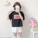 Summer Soft Girl Style Strawberry Embroidery Plaid Stitching Short-sleeved T-shirt