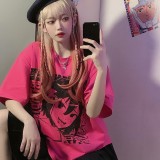 Anime Girl Printed Rose Red Color Loose Summer Cotton T-shirt