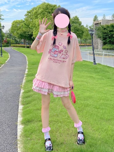 Kawaii Piglets with Candy Jar Cartoon Print Summer Loose Pink Short-sleeved T-shirt