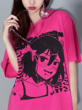 Anime Girl Printed Rose Red Color Loose Summer Cotton T-shirt
