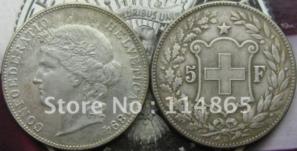 1894-B Switzerland 5 Francs COIN COPY FREE SHIPPING