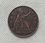 1933 United Kingdom 1 Penny - George V smaller portrait COPY COIN commemorative coins