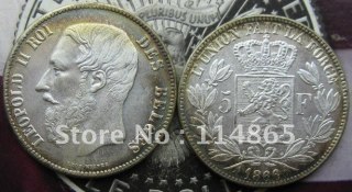 1866 Belgium 5 Francs Coin KM#24 UNC COPY FREE SHIPPING