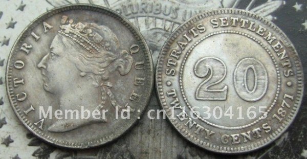 1871 Straits Settlements Queen Victoria 20 Cent  COPY FREE SHIPPING