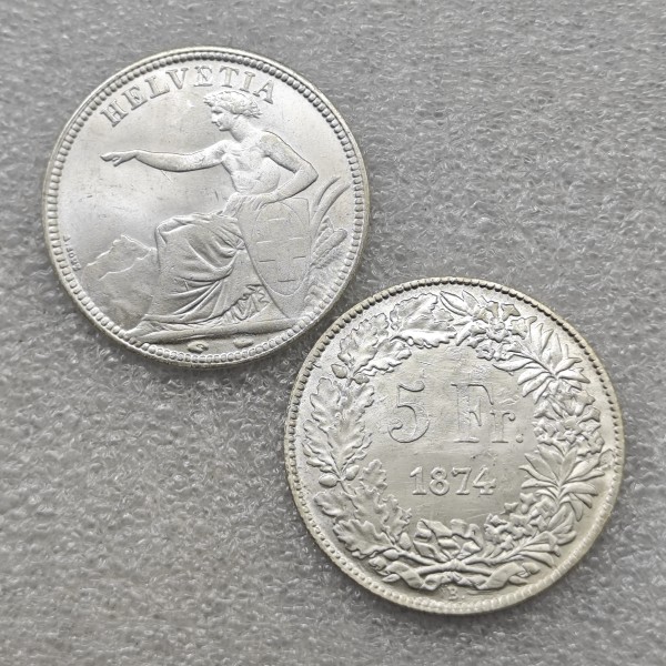 1874-B Switzerland 5 Francs UNC COIN COPY FREE SHIPPING