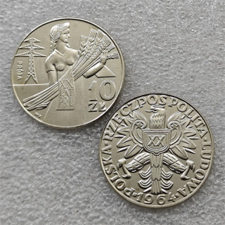 1964 Poland Nickel 10,20 Zlotych (20th Anniversary of People's Republic of Poland,Trial Strike) Copy Coins