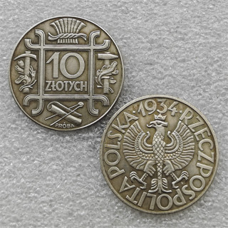 1934 Poland 10 Złotych  PROBA  (Buckle; Trial Strike Ag with mint mark) Copy Coin