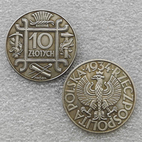 1934 Poland 10 Złotych  PROBA  (Buckle; Trial Strike Ag with mint mark) Copy Coin