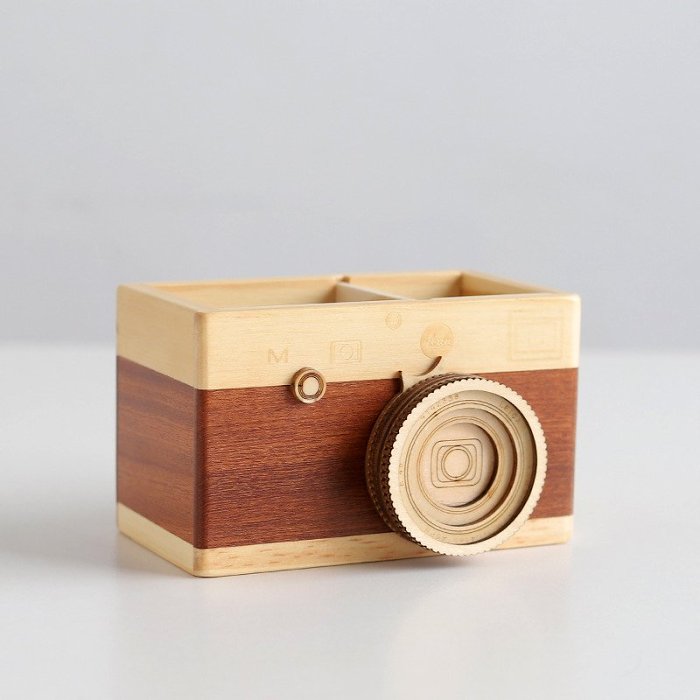 Wood Camera Pen Container