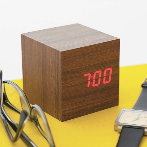 LED Teak Cube Alarm Clock