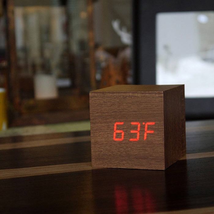 LED Teak Cube Alarm Clock