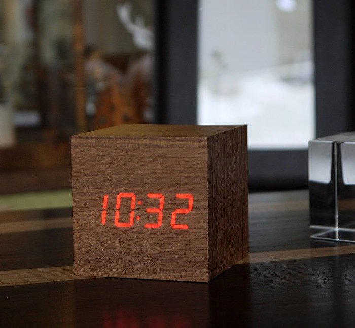 LED Teak Cube Alarm Clock
