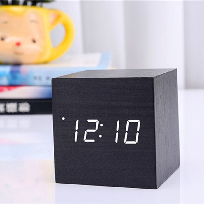 LED Teak Cube Alarm Clock