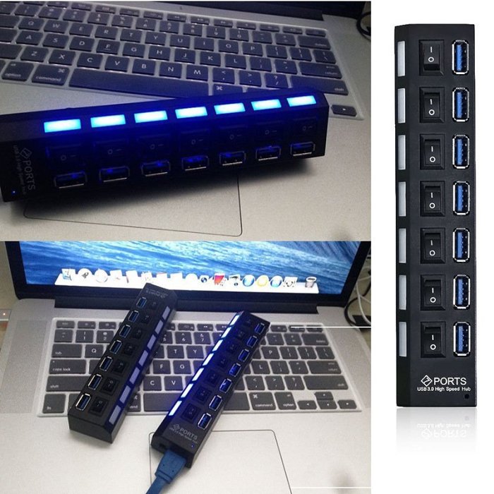 7-Port USB 3.0 Hub With Switch Adapter LED Light