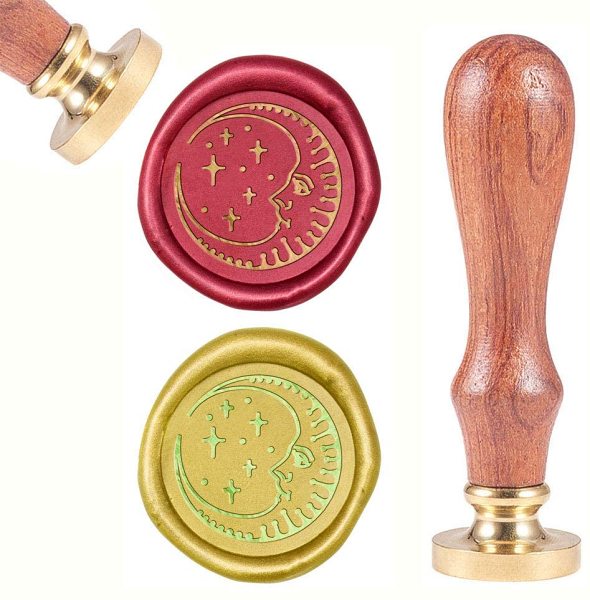 Vintage Wax Sealing Stamps Moon Face Retro Wood Stamp Removable Brass Head 25mm for Wedding Envelopes Invitations Embellishment Bottle Decoration Gift Packing