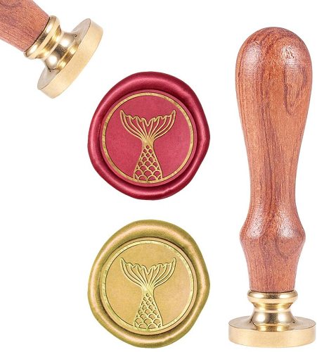 Sealing Wax Stamps Mermaid Tail Retro Wood Stamp Wax Seal 25mm Removable Brass Seal Wood Handle for Envelopes Invitations Wedding Embellishment Bottle Decoration Gift Packing