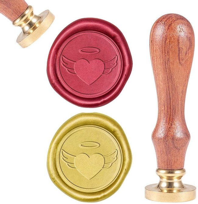 Wax Seal Stamp Heart Shape with Angel Wings, Sealing Wax Stamp Retro Wood Stamp Wax Seal 25mm Removable Brass Seal Wood Handle for Envelope Invitation Wedding Embellishment Gift