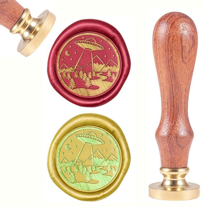 Sealing Wax Stamps UFO Retro Wood Stamp Wax Seal 25mm Removable Brass Seal Wood Handle for Envelopes Invitations Wedding Embellishment Bottle Decoration Gift Packing