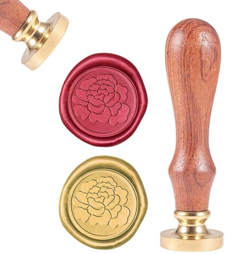 Sealing Wax Stamps Peony Flower Retro Wood Stamp Wax Seal 25mm Removable Brass Seal Wood Handle for Envelopes Invitations Wedding Embellishment Bottle Decoration