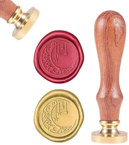 Sealing Wax Stamps Moon and Star Retro Wood Stamp Wax Seal 25mm Removable Brass Seal Wood Handle for Envelopes Invitations Wedding Embellishment Bottle Decoration