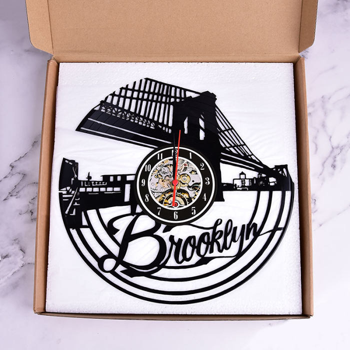 Vinyl Record Wall Clock Brooklyn Skyline 3D Brooklyn Bridge Clock