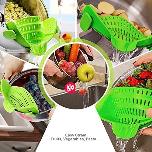 Snap n Strain Clip on Strainer - Silicone Pot and Pan Strainer, Clip on Colander, Pasta Strainer - Strainer for draining Vegetables, Fruits, Meat, Ground Beef - Heat Resistant, Easy to Use.