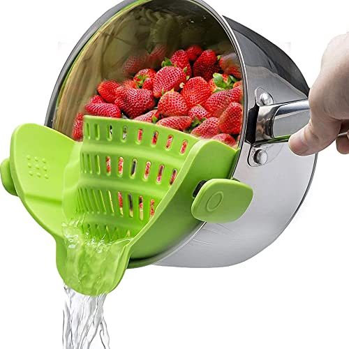 Snap n Strain Clip on Strainer - Silicone Pot and Pan Strainer, Clip on Colander, Pasta Strainer - Strainer for draining Vegetables, Fruits, Meat, Ground Beef - Heat Resistant, Easy to Use.