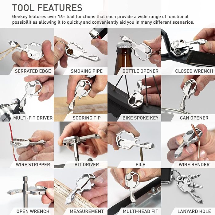 16+ tools in 1 stainless steel key shaped pocket tool