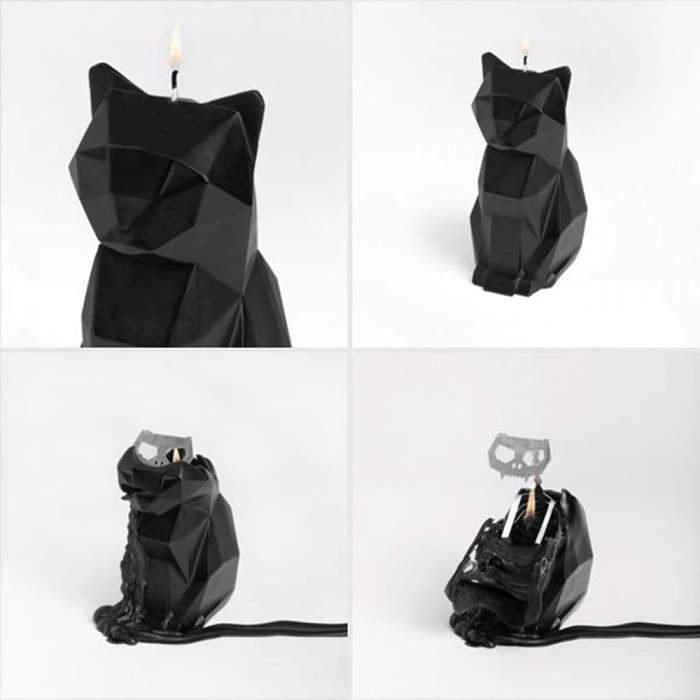 Black or White Cat Geometric with Metal Skeleton Candle