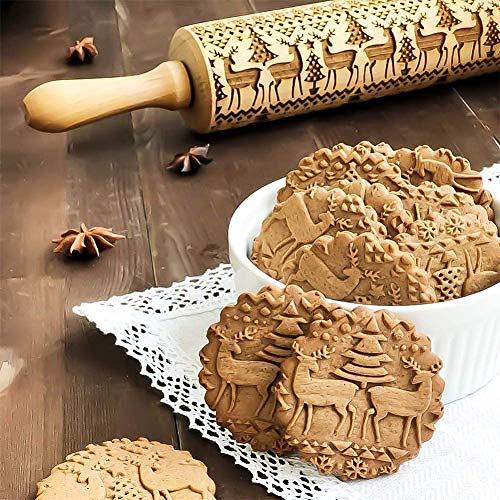 Christmas Wooden Rolling Pins 3D Reindeer Shape Decor Embossing Rolling Pin