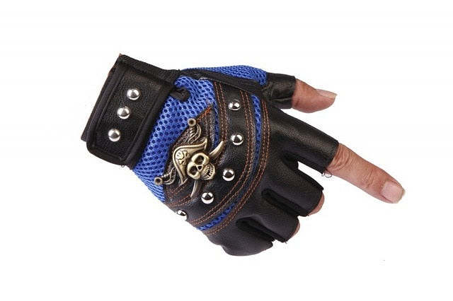 Men's Women's Skulls Rivet PU Leather Finger-less Gloves, Hip Hop Punk Half Finger Gloves