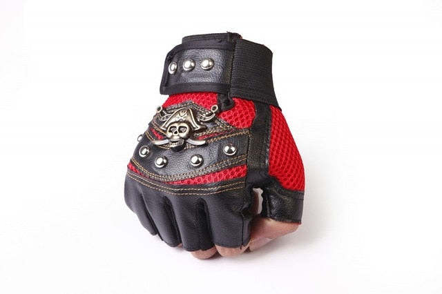 Men's Women's Skulls Rivet PU Leather Finger-less Gloves, Hip Hop Punk Half Finger Gloves