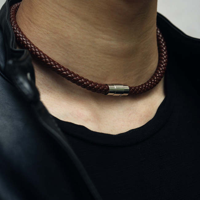 Men's Choker Necklaces, Braided Leather, Magnetic Clasp Male Jewelry