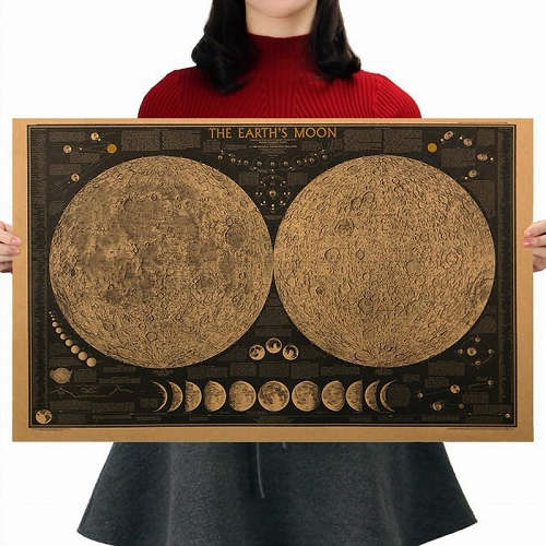 Large Vintage Retro Paper Earth's Moon Map, Wall Chart Home Decoration
