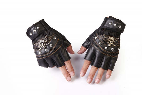 Men's Women's Skulls Rivet PU Leather Finger-less Gloves, Hip Hop Punk Half Finger Gloves