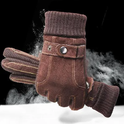 Men's Warm Winter Thick Pigskin Gloves, Touch Screen Windproof Outdoor Gloves