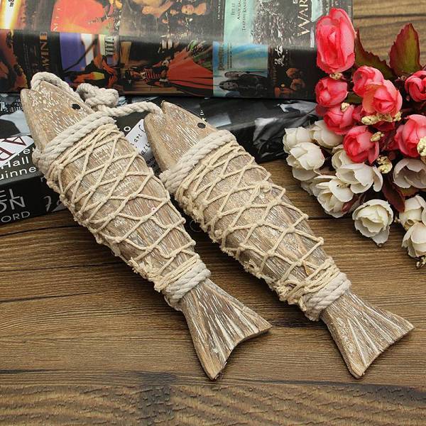 2pcs Hand Carved Wooden Fish Wall Sculptures