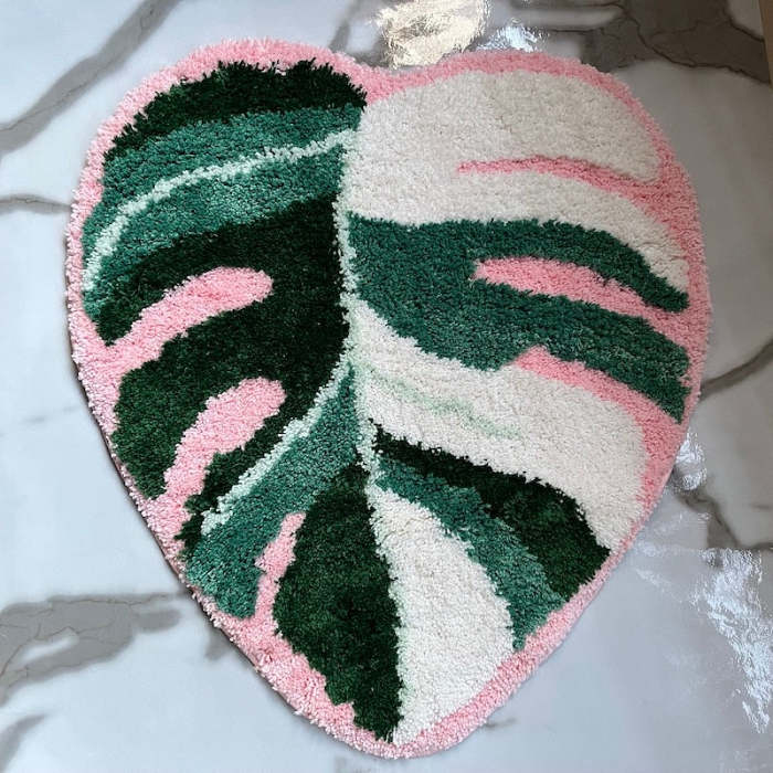 Pink Monstera Tufted Shaggy Floor Rug