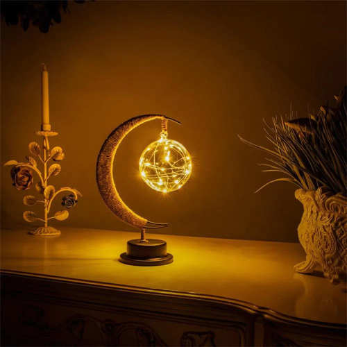Crescent Moon Rattan Table Lamp