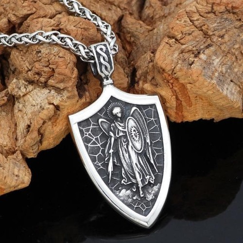 Ancient Greek St. Michael Sword Shield Stainless Steel Necklace